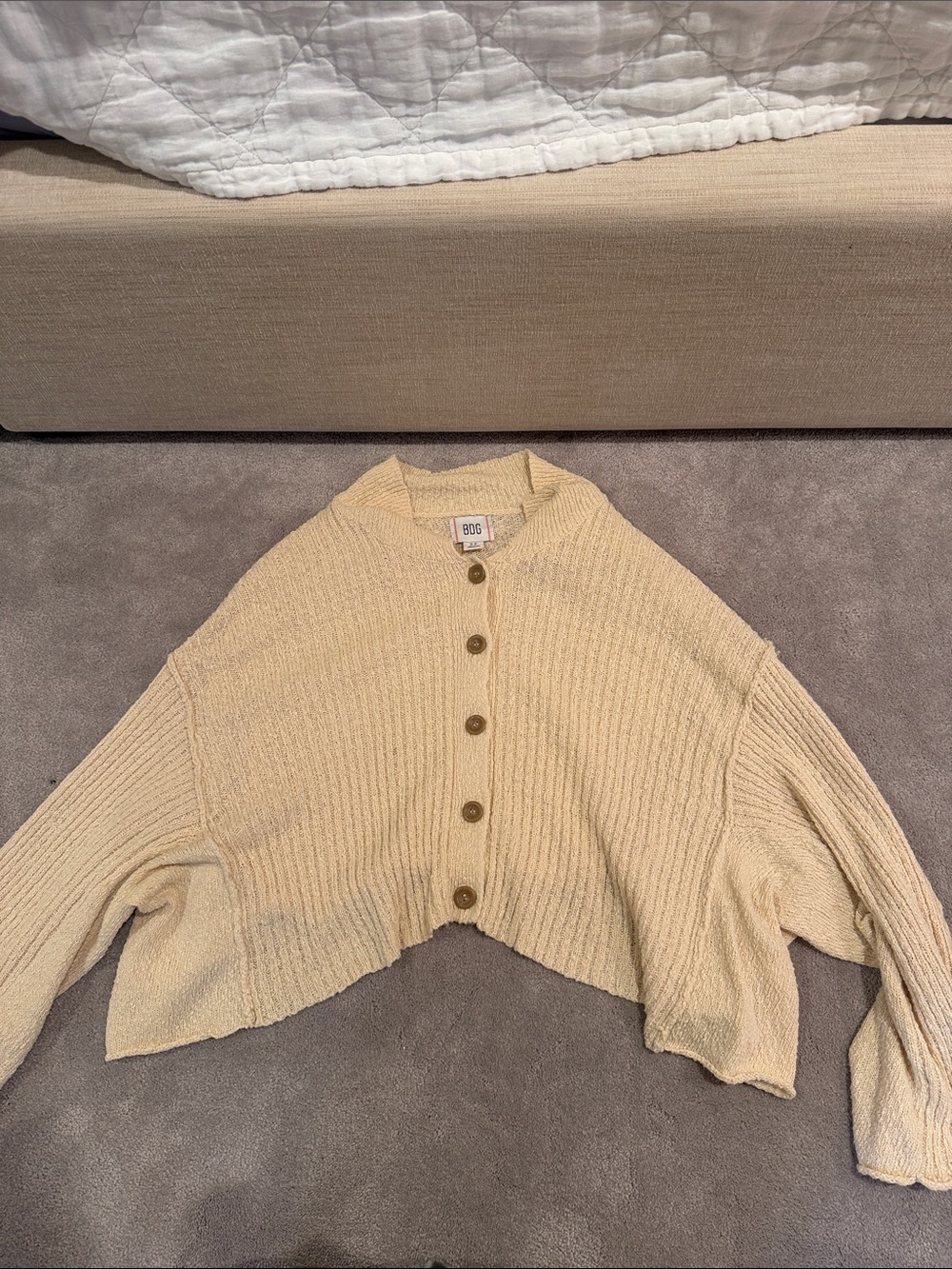 BDG Cropped Button-Up Ribbed Cardigan in Beige